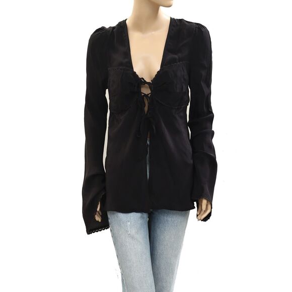 Free people Bali Ariel Tunic Tie Top Embroidered Lace Bell Sleeve Black M 284103 - Picture 5 of 9